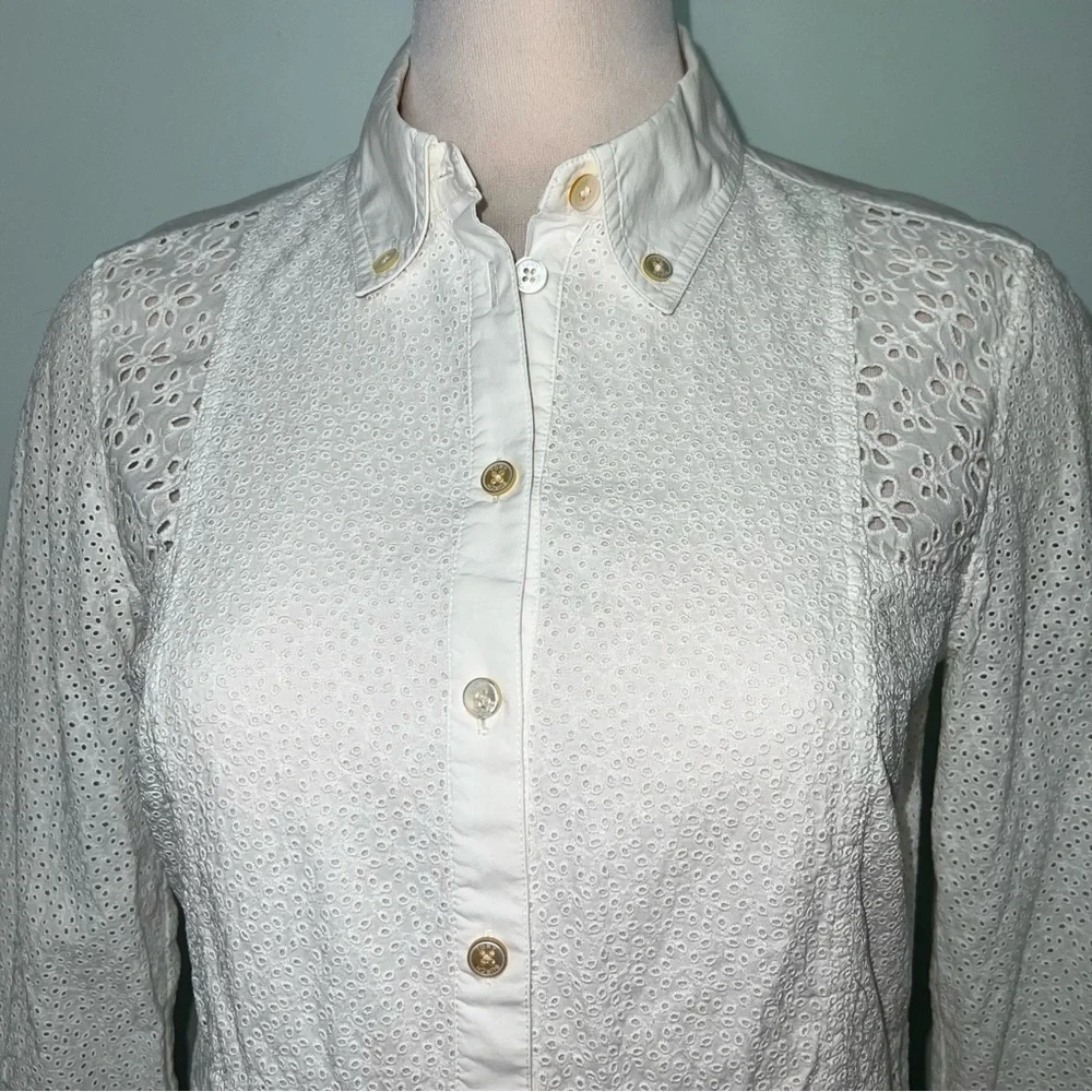 Tory Burch White Eyelet Button Down Blouse Peplum Shirt Size 4 Cotton Lace